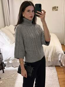 女款休閒秋冬純色灰色高領毛衣，插肩袖針織上衣，收腰紋理設計，日常通勤辦公穿搭套頭衫 - 灰色 - 查看 6