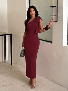 Burgundy One-Shoulder Fitted Dress Elegant - Burgundy - View 3