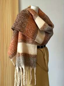 1 Stück Herbst/Winter Neuer warmer Farbquasten Oversize Schal, vielseitiger kälteschützender dicker Farbblock-Karomuster langer Schal, warmer Nackenwärmer - Braun - Übersicht 1