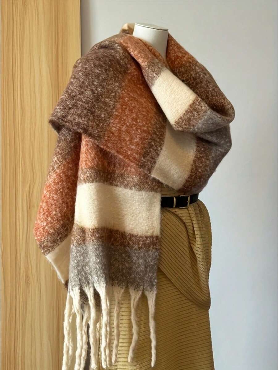 1 Stück Herbst/Winter Neuer warmer Farbquasten Oversize Schal, vielseitiger kälteschützender dicker Farbblock-Karomuster langer Schal, warmer Nackenwärmer - Braun - Übersicht 1