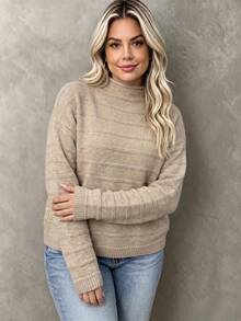 Plus Size Women's Beige Knit Stand Collar Drop Shoulder Long Sleeve Pullover Sweater, Medium Stretch, Standard Length, Autumn/Winter Essential - Apricot - View 3