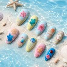 10片裝中號杏仁形穿戴甲組，可愛3D海洋生物與熱帶花卉假指甲，格紋漸層底色，日系可愛夏日夏威夷風，適合女性、海灘度假與假期 - 彩色 - 查看 7