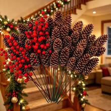 40pcs Pine Cone And Red Berry Decorations | Realistic Plastic Branch Christmas Tree Decor | Winter Wedding And Wreath Centerpiece Decorations | Durable Pine Cone And Red Berry Ornaments | Holiday Berry Wreath Accessories - Multicolor - View 7
