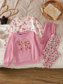 Autumn/Winter Girls Cute Casual Sequin Bow Sweatshirt + Pink Soft Elastic Long Pants Multi-Piece Set - Multicolor - View 2
