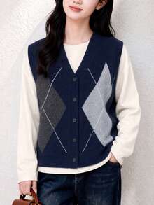 Women's New Vintage Argyle Knit V-Neck Sweater Vest With Buttons, Regular Length, Suitable For Layering In Autumn/Winter - Navy Blue - View 1