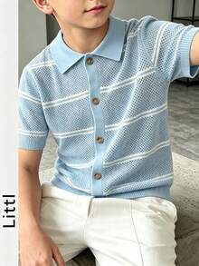 Boys Striped Hollow Knit Cardigan, Lapel Collar Button Front Long Sleeve Lightweight Knitted Jacket, Fall Casual Daily Outerwear - Baby Blue - View 1