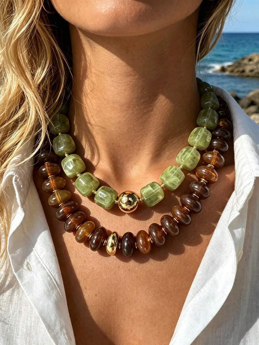 2/1pc Casual Bohemian Style Chunky Acrylic Beaded Necklace Set, Geometric Pattern Round Necklace For Women, Suitable For Daily Wear, Dating, Party, Summer Beach Vacation, Perfect Birthday Gift For Best Friend (Bead Quantity Random + Slight Color Difference) - Green + Brown - View 1