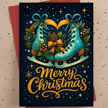 1 Greeting Card + 1 Envelope Elegant Christmas Greeting Card, Ice Skates With Pine Cones Merry Christmas, Suitable For Friends, Winter Holiday Artistic Style Card. - Single Piece - View 4