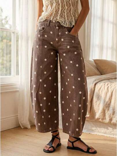 Pants For Women,Women High Waist Polka Dot Barrel Pants, Seam Detail Loose Cropped Casual Denim Trousers