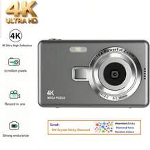 Cámara Digital 4K con Zoom 16x, Pantalla de Alta Definición de 2.4 Pulgadas 50M, Creación de Video de Píxeles, Cámara Digital Compacta, Adecuada para Estudiantes; Cámara CCD, Esencial para Viajes, Incluye Pegatina de Cristal DIY Gratis - Set de cristal gris Q12 - Ver 2