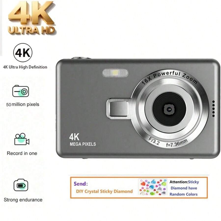 Cámara Digital 4K con Zoom 16x, Pantalla de Alta Definición de 2.4 Pulgadas 50M, Creación de Video de Píxeles, Cámara Digital Compacta, Adecuada para Estudiantes; Cámara CCD, Esencial para Viajes, Incluye Pegatina de Cristal DIY Gratis