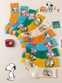 SNOOPY 1/5/10雙 Snoop Sock 女款中筒襪，多巴胺配色拼色可愛百搭休閒透氣趣味禮物襪 - 彩色 - 查看 1