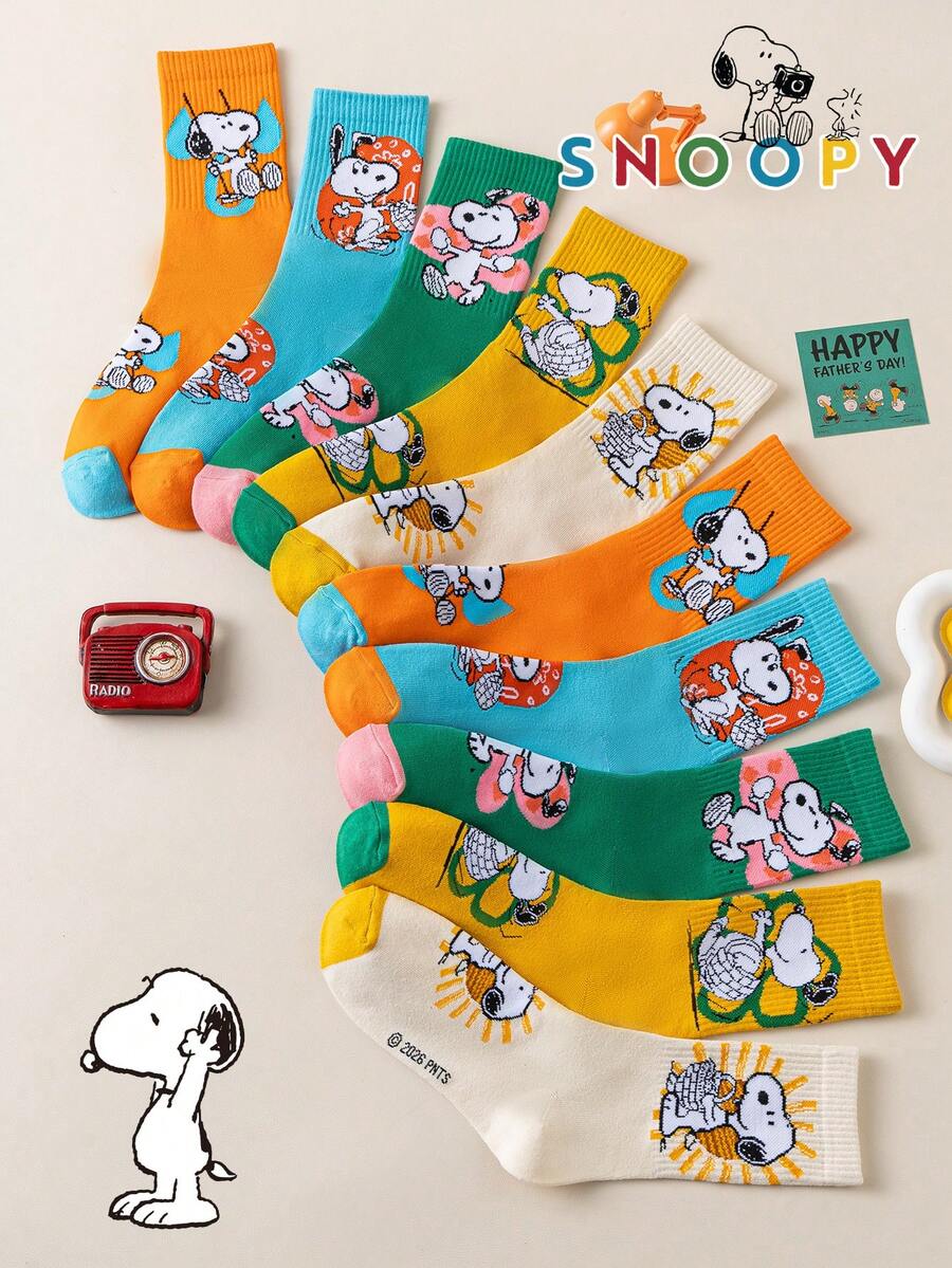 SNOOPY 1/5/10雙 Snoop Sock 女款中筒襪,多巴胺配色拼色可愛百搭休閒透氣趣味禮物襪 - 彩色 - 查看 1