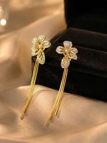 Floral Tassel Earrings For Women, Niche Luxury Fashion Elegant Versatile Stud Earrings - Silver - View 2