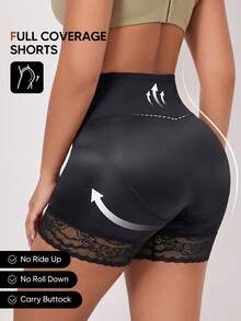 Women's High Waist Lace Patchwork Shaping Shorts, Tummy Control Butt Lift Smoothing Underwear, Soft Comfortable Shorts, Suitable For Autumn And Party - Black - View 2