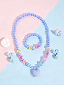 5pcs/Set Girls Princess Heart Bow Beaded Necklace, Bracelet, Ring And Earring Jewelry Set, Suitable For Party, Gathering, Daily Wear - Multicolor - View 2