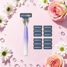 High-Quality Gradient Color Women's Manual Shaving Set With 6/12/18/24 Replacement 6-Layer Stainless Steel Razor Blades, Washable Razor For Intimate Areas, Underarm Hair, Leg Hair, Shaving Tool, Body Grooming Razor, Men's Shaving Razor, Beard Razor, Daily Hair Trimming, Premium Travel Choice - 1 Gradient Blue Handle + 6 Replacement Blades - View 2