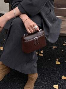 Dedoo 復古咖啡棕色方形手提包，拉鍊開合女款方包，可調節肩帶斜跨包，適合校園出遊 - 咖啡 - 查看 7