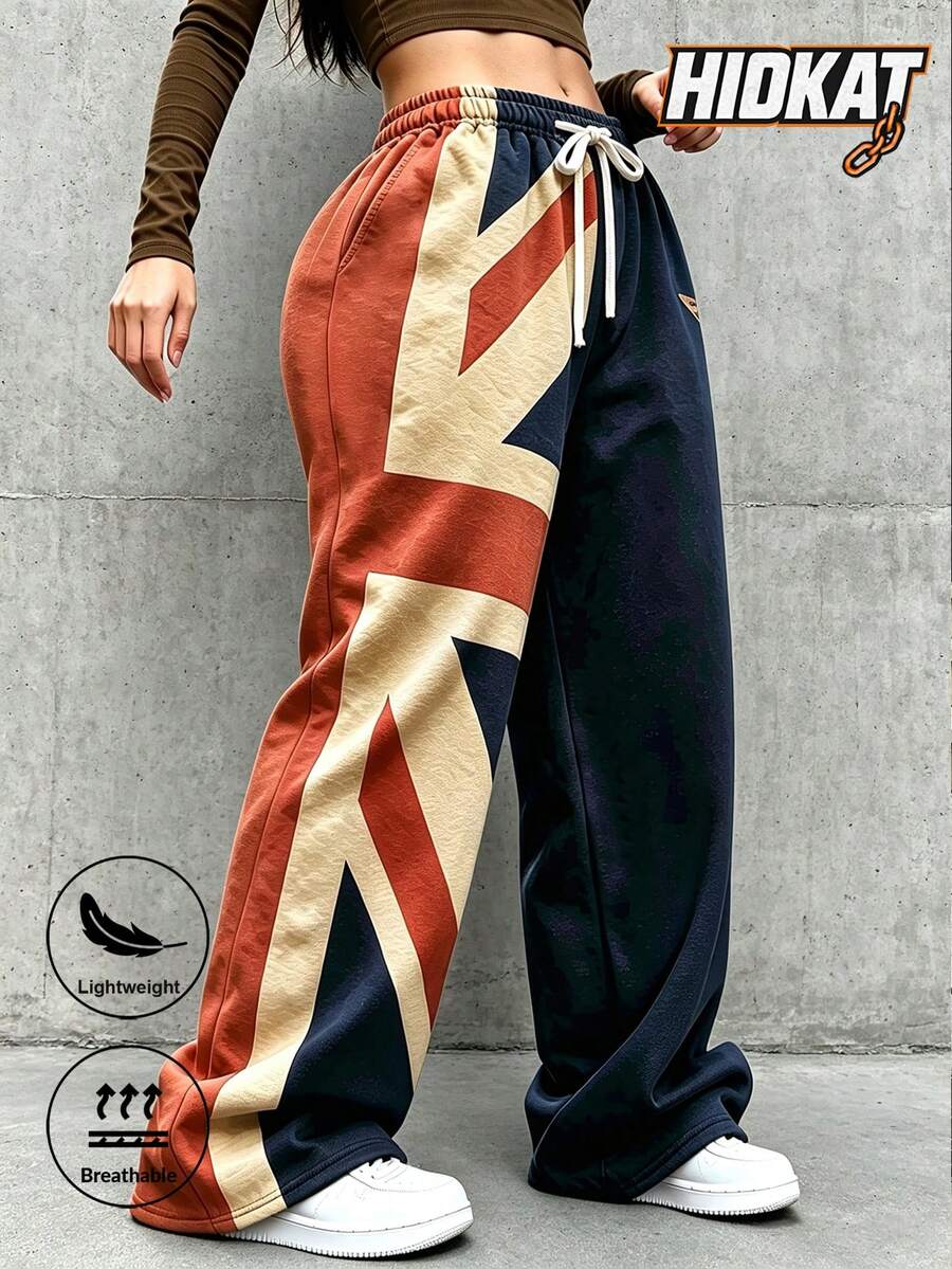 Hidkat Women's Lightweight Streetwear American Vintage Colorblock Patchwork Wide Leg Pants With Drawstring Waist, Spring/Autumn Sports Long Pants