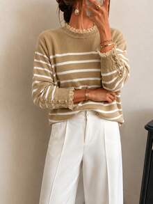 Sweater Rajut Bergaris Kontras Warna untuk Wanita, Cocok untuk Acara Santai/Bangun di Musim Gugur/Dingin, Kerah Renda, Detail Kancing di Manset, Sesuai untuk Acara Makan Siang Santai. - MultiWarna - View 6