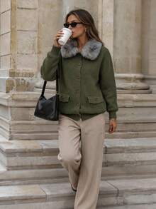 New Autumn/Winter Women's Casual Minimalist Contrast Color Faux Fur Collar Knit Cardigan Jacket - Green - View 4