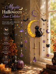 1pc Gothic Halloween Sun Catcher, Black Cat Moon Crystal Window Hanging Decor With Bat And Star Beads, Sunlight Prism Light Capture Decoration, Suitable For Bedroom Window, Witch Style Home Decor - A - View 1