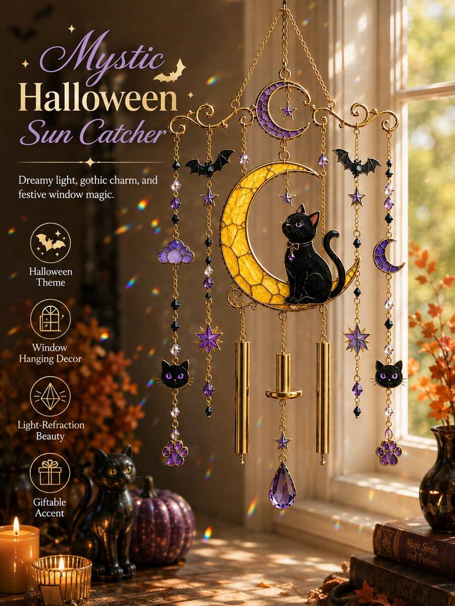 1pc Gothic Halloween Sun Catcher, Black Cat Moon Crystal Window Hanging Decor With Bat And Star Beads, Sunlight Prism Light Capture Decoration, Suitable For Bedroom Window, Witch Style Home Decor - A - View 1