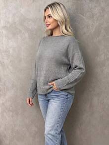 Women's Plus Size Knitwear Pullover Sweater With Drop Shoulder And Round Neck, Long Sleeve Grey Top For Fall And Winter. - Grey - View 3