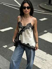 New Arrival Women's Sexy Lace Decor Camisole Top, European And American Style Summer - Black Border On White Background - View 1