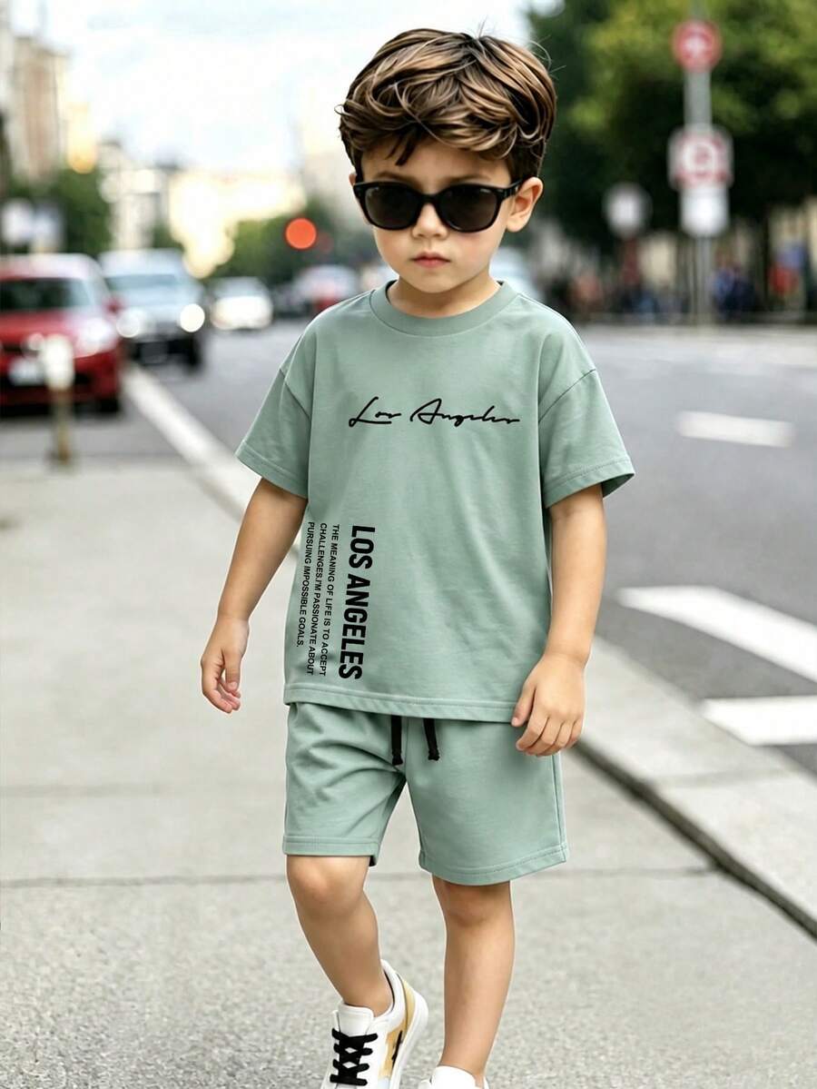 2pcs/Set Young Boy Letter Print Round Neck Short Sleeve T-Shirt And Drawstring Waist Shorts Set - Green - View 1
