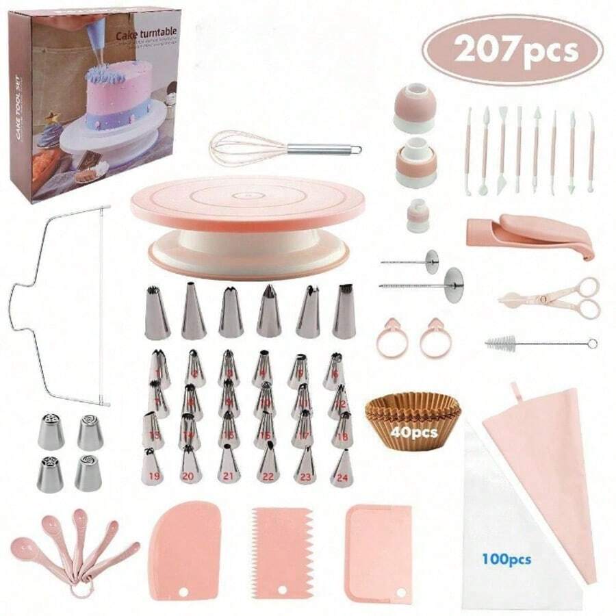 207‑Piece Cake Decorating Supplies Kit, Baking Tools Set With Rotating Cake Turntable, DIY Decorating Kit For Beginners, Cupcake Pastry & Birthday Party - Pink - View 1