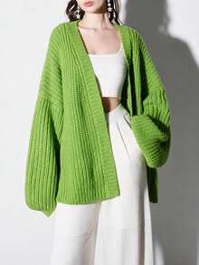 Women's Autumn/Winter Casual Minimalist Solid Color Loose V-Neck Cardigan Jacket - Green - View 3