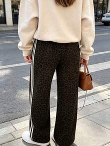 Women's Leopard Print Straight Leg Pants, Side Stripe Design, Spring/Autumn Casual Comfortable Woven Long Pants - Brown - View 2