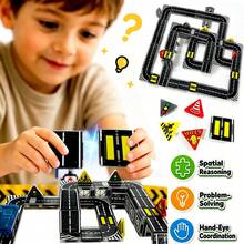 Magnetic Building Blocks Road Set With Cars, Suitable For 4-8 Years Old Children, 6 Cars, Traffic Lights And Road Signs, STEM Educational Building Toy, Suitable For 3-5 Years Old, 4-8 Years Old, 5-7 Years Old Boys And Girls, Expandable Magnetic Assembly - Multicolor - View 4