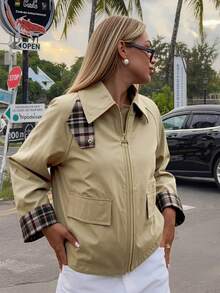 Giolshon 女款春夏秋冬夾克，附實用口袋，適合寒冷天氣城市通勤 - 米色 - 查看 7