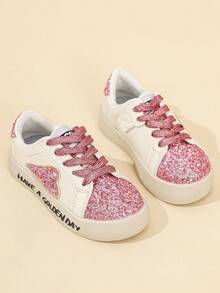 Girls' Sequin Heart Lace-Up Soft Sole Versatile Casual Sports Sneakers - Pink - View 2
