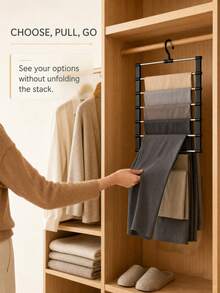 6-Tier Stainless Steel Folding Pants Rack, Skirt Rack Set, Space-Saving Multi-Layer Clothing Storage Rack, Suitable For Wardrobes And Cabinets, Can Store Jeans, Skirts, Etc., Metal Structure, Efficient Closet Storage - Silver - View 7