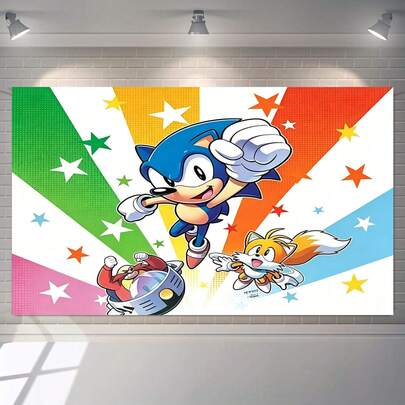 Sonic Tela de fondo radial arcoíris retro, personajes de dibujos animados en grupo, decoración de pared para fiesta temática de juegos, fondo de fantasía de noche estrellada, paisaje de otro mundo con meteoros