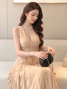Women's New Solid Color Elegant Elegant Charming Sexy Multi-Layer Ruffle Patchwork Design Waist-Cinching Slimming Dress - Apricot - View 3