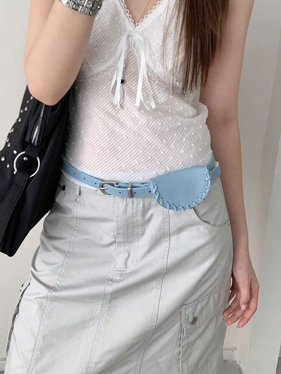 1pc Blue Women's PU Material Minimalist Waist Bag Decorative Solid Color Belt - Blue - View 1