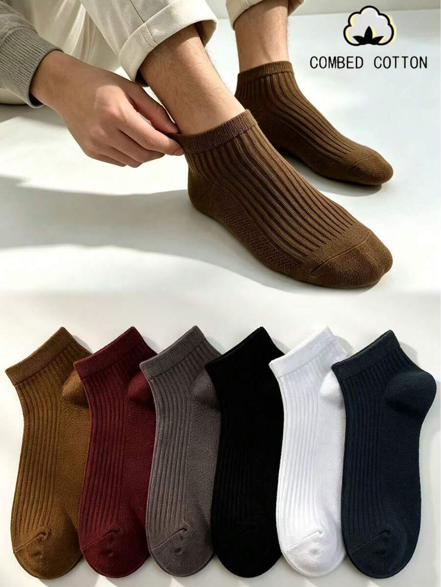 6 Pasang Kaos Kaki Pendek Bergaris Jahitan Ganda, Kaos Kaki Katun Sisir Aneka Warna Bergaya Vintage untuk Pemakaian Sehari-hari dengan Sepatu Sneaker, Kaos Kaki Kasual - MultiWarna - View 1