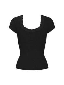 NOIRLYN 女款 T-shirt 夏季 Y2K 性感蕾絲拼接休閒方領短袖上衣 黑色 - 黑色 - 查看 9