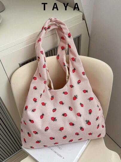 A Minimalist Fashionable Large Capacity Strawberry Print Tote Bag, Open Design, Lightweight And Soft, Can Be Carried On Shoulder. Suitable For Women's Daily Casual Commute And Student Classroom Use, Also A Cute Strawberry Wallet For Valentine's Day.