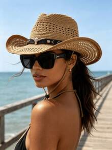 Men's Western Style Straw Cowboy Hat, Outdoor UV Protection Sun Hat, Breathable Woven Summer Hat - Multicolor - View 2