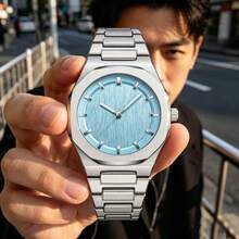 Men's Fashionable Ice Blue Watch, Silver Octagonal Case, Vertical Textured Dial, Elegant Casual Quartz Watch - one-size - View 3