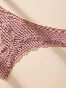 8pcs Solid Color Lace Patchwork Bow Ribbed Cotton Women's Thong Panties, Romantic Sexy - Multicolor - View 7