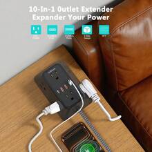 5ft Braided Extension Cord Power Strip Surge Protector, 10-In-1 Multi-Outlet Expander With 6 AC Outlets, 2 USB-C And 2 USB-A Fast Charging Ports, Ultra-Thin Flat Right Angle Plug, Wall Mountable, Suitable For Home, Office, College Dorm, Travel - Black - View 3