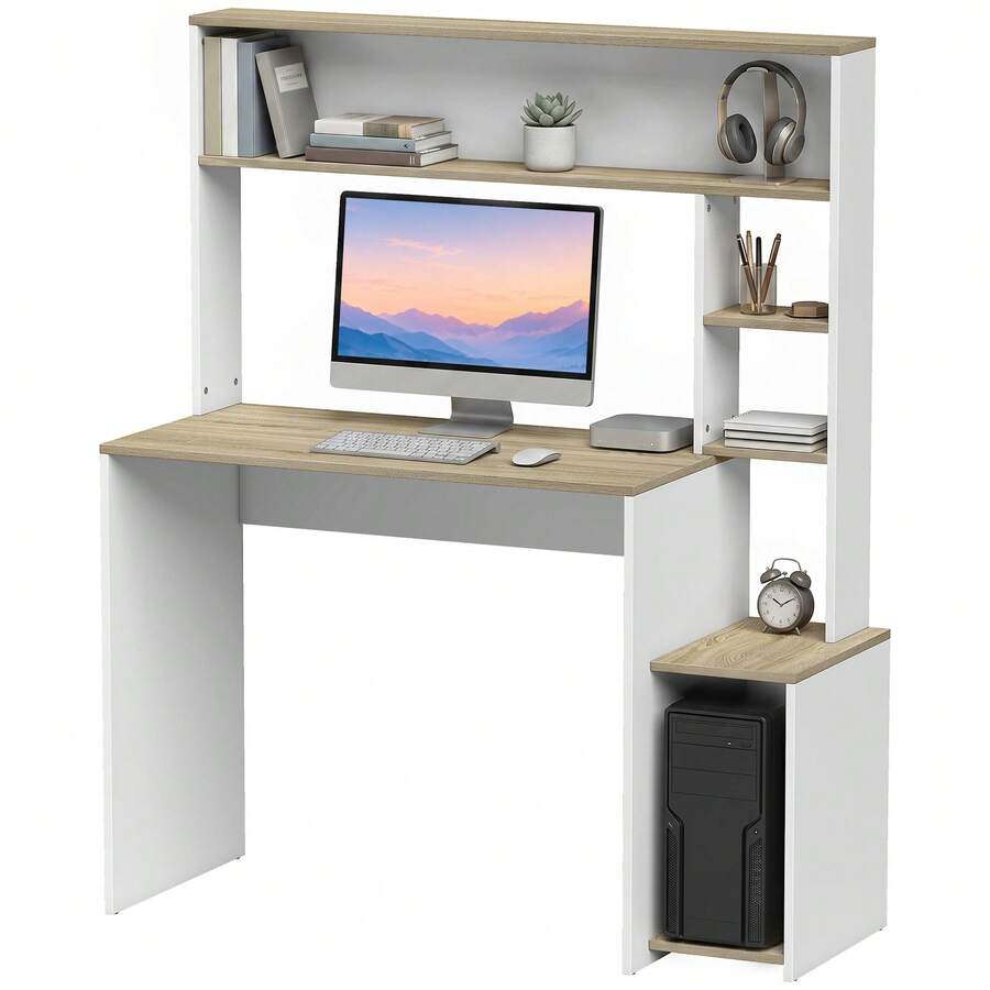 HOMCOM Mesa de Escritorio con Estanterías Mesa de Ordenador Moderna con Estantes Soporte para Monitor CPU de Oficina Estudio 114x45x138 cm Blanco y Natural - A - Ver 1