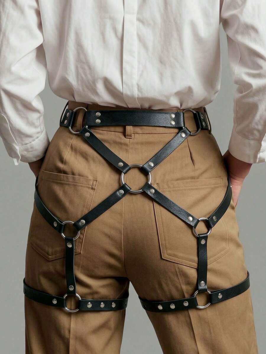 男士黑色PU皮革大腿束帶,可調節腿部綁帶,哥德風身體飾品,電音派對裝備 - 黑色 - 查看 1