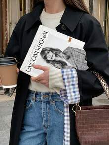 女款格紋鈕扣休閒寬鬆中長款風衣 - 黑色 - 查看 3
